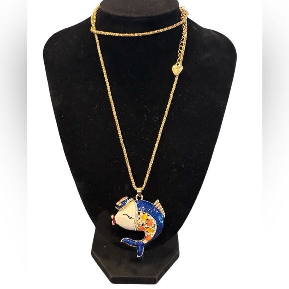 Betsey Johnson Enamel and Crystal Fish Pendant Necklace Gold Tone Chain Signed - Picture 1 of 8